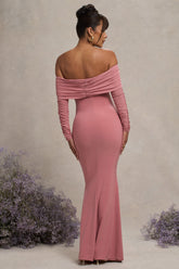 Blush Pink Maternity Ruched Mesh Bardot Maxi Dress